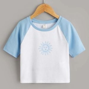 SHEIN Teen Girls Colorblock Raglan Sleeve Sun Print Tee 14y